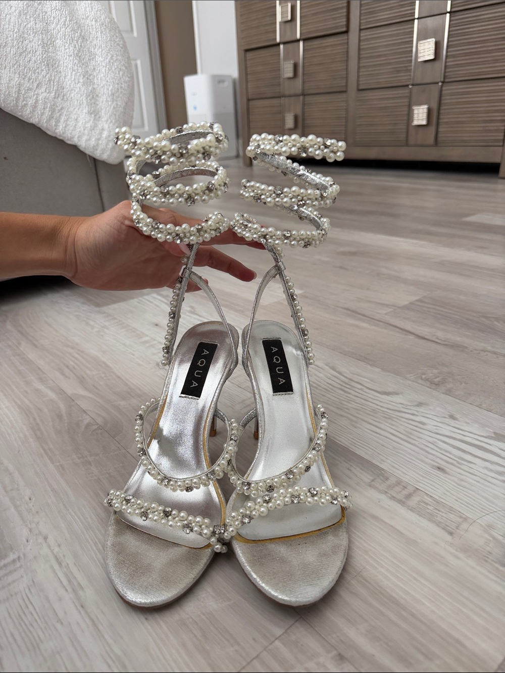 Aqua Silver Pearl Spiral Ankle-Strap Heels